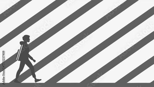 Silhouette of Person Walking with Backpack on Diagonal Stripes.