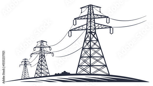 Silhouette of Three Electrical Power Pylons on a Hill.