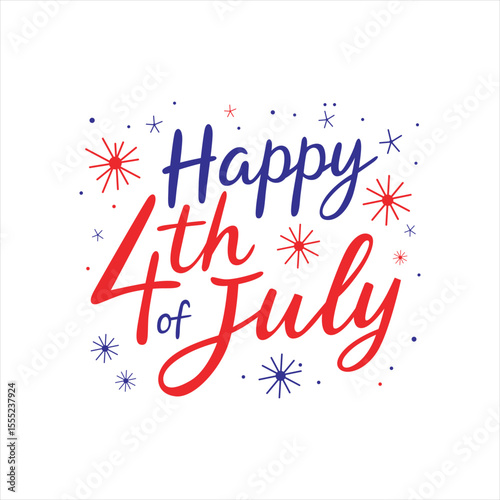 American Independence Day Text Illustration. A stylized vector illustration of "Happy 4th of July" text. The calligraphic script and celebratory elements like stars and fireworks make it suitable