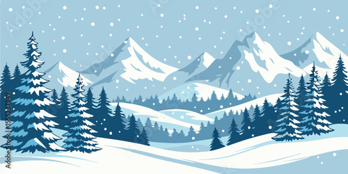 Christmas Snow Scene with Mountains and Pine Trees. Vector Illustration