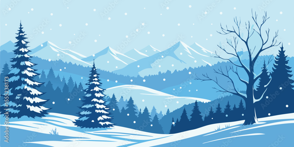Fototapeta premium Christmas Snow Scene with Mountains and Pine Trees. Vector Illustration
