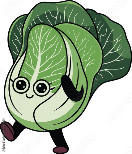 Happy walking green cabbage with big eyes cartoon