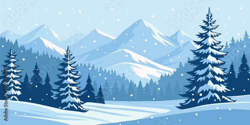 Christmas Snow Scene with Mountains and Pine Trees. Vector Illustration