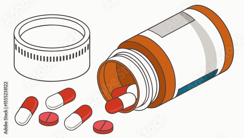 Spilled Medication Capsules and Tablets from an Open Bottle.