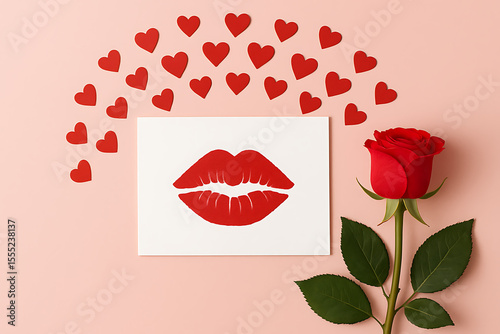 Red rose, heart shapes, and a lipstick kiss on a card, celebrating international kissing day with love