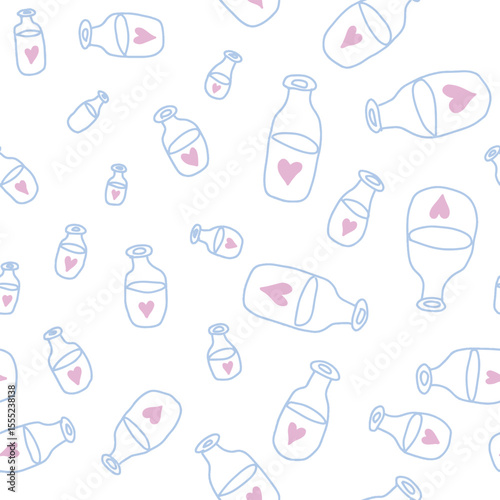 Blue outline hand drawn bottles with hearts seamless pattern . Pink and blue cute doodle objects on white.