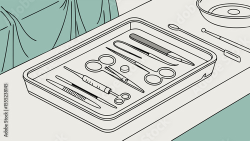 Sterile Surgical Instrument Tray with Scalpels Scissors and Tweezers.