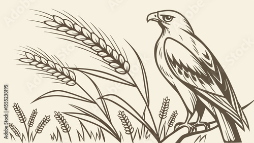 Stylized Eagle Perched Beside Wheat Stalks Illustration.