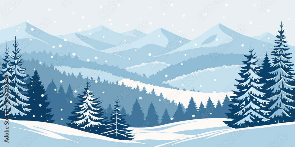 Fototapeta premium Winter Snowy Mountain Landscape with Christmas Trees. Vector Illustration