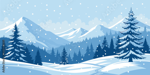 Christmas Snow Scene with Mountains and Pine Trees. Vector Illustration