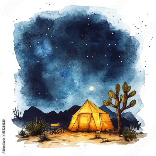 Starry Skies Desert Campground, watercolor painting vector, isolated on a white background.