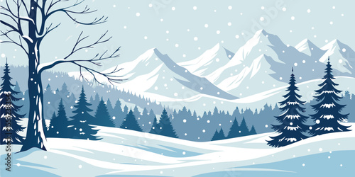 Christmas Snow Scene with Mountains and Pine Trees. Vector Illustration