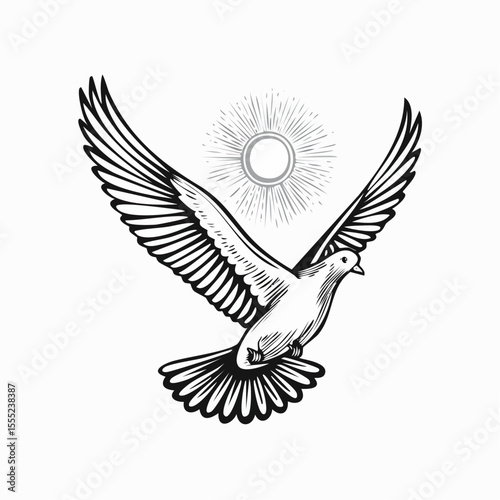 Dove flying in the sky with the sun shining behind it Image vector isolated on white background.