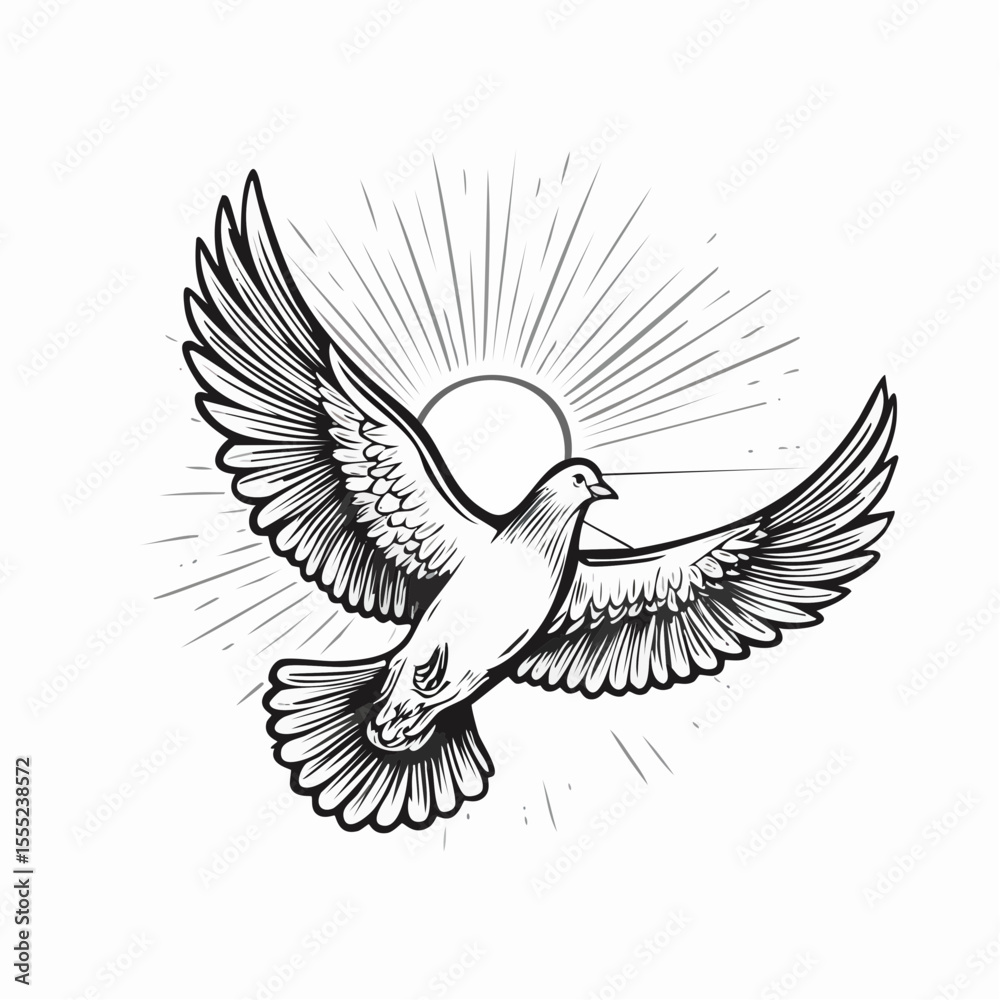 Obraz premium Dove flying in the sky with the sun shining behind it Image vector isolated on white background.