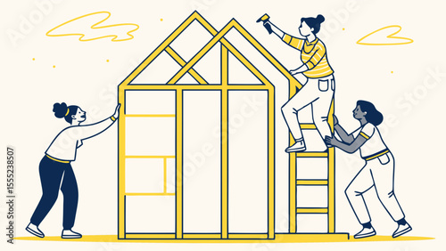 Three women constructing a house frame together teamwork illustration.