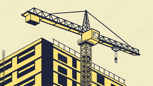 Tower Crane Constructing Modern Building Facade.