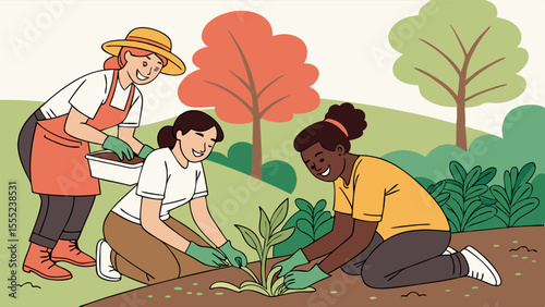 Three women planting a sapling in a garden setting illustration.
