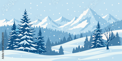 Christmas Snow Scene with Mountains and Pine Trees. Vector Illustration