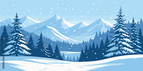 Winter Snowy Mountain Landscape with Christmas Trees. Vector Illustration