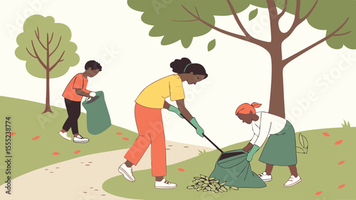 Volunteers Cleaning Up Park Collecting Leaves in Bags.