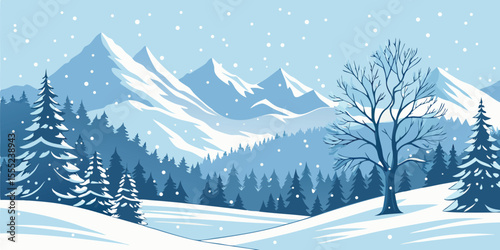 Christmas Snow Scene with Mountains and Pine Trees. Vector Illustration