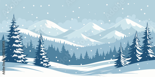Christmas Snow Scene with Mountains and Pine Trees. Vector Illustration