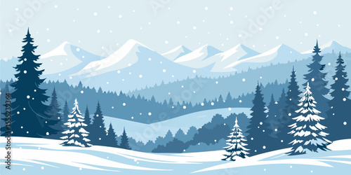 Christmas Snow Scene with Mountains and Pine Trees. Vector Illustration