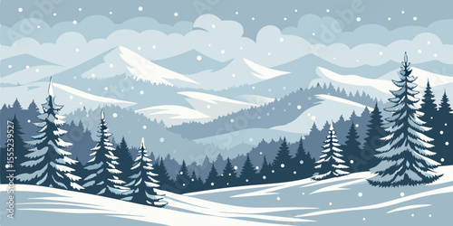 Christmas Snow Scene with Mountains and Pine Trees. Vector Illustration