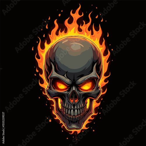 Biker vector t-shirt design with human skull
and fire on black background.
Fashionable print for fabric, paper, men clothing,
hoodie, biker jacket. T shirt template with flame.