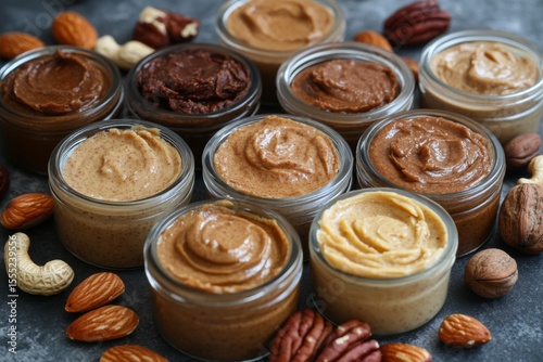 A variety of nut butters displayed in glass jars are artistically arranged on a surface, surrounded by an assortment of nuts including almonds, pecans, and cashews