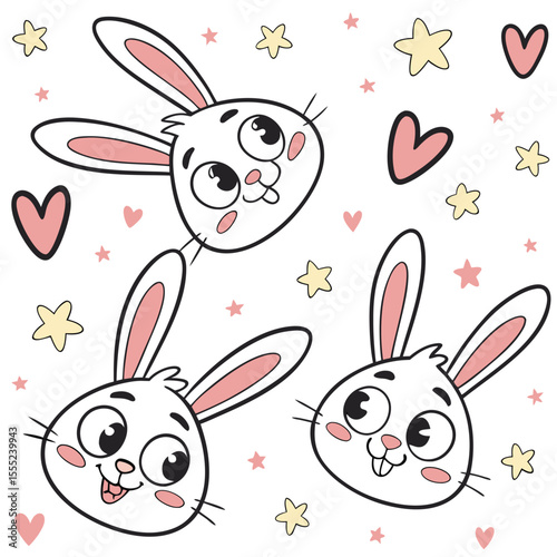 rabbit bunny easter cartoon animal vector illuseam less pattern of smiling rabbit faces with hearts stars kawaii rabbit seamless pastel bunny pattern kids packaging design rabbit face repeat kawaii 
