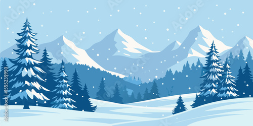 Winter Snowy Mountain Landscape with Christmas Trees. Vector Illustration