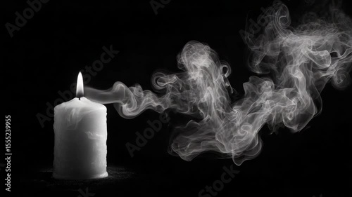 A burning candle emits a wispy, elegant plume of smoke against a stark black background