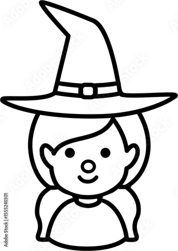 Halloween witch head outline icon design.
Young cute Halloween witch face thick line cartoon isolated. 
Transparent background. 
