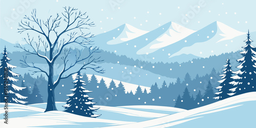 Christmas Snow Scene with Mountains and Pine Trees. Vector Illustration