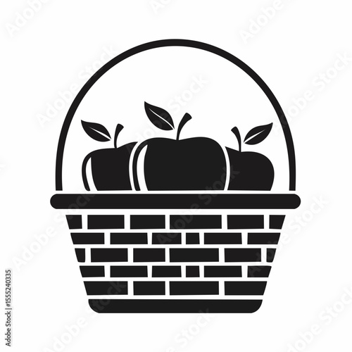 Apple in basket vector image. Black and white Apple in basket vector image isolated on white background.