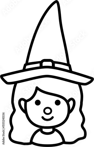 Halloween witch head outline icon design.
Young cute Halloween witch face thick line cartoon isolated. 
Transparent background. 