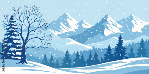 Christmas Snow Scene with Mountains and Pine Trees. Vector Illustration