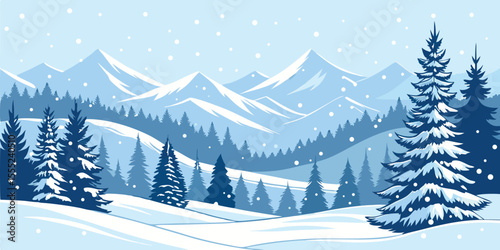 Christmas Snow Scene with Mountains and Pine Trees. Vector Illustration