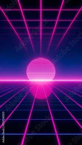 Retro futuristic neon grid landscape with a glowing sun and vibrant pink laser lines receding into the distance