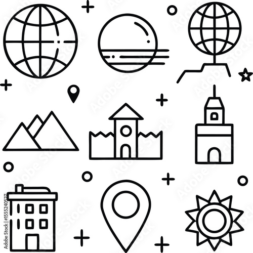 travel and adventure line icons set globe sun map landmark