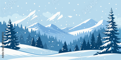 Christmas Snow Scene with Mountains and Pine Trees. Vector Illustration
