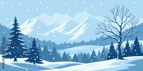 Christmas Snow Scene with Mountains and Pine Trees. Vector Illustration