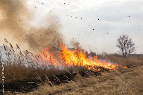 Wild grass fire spreading horizontally with sparks white background