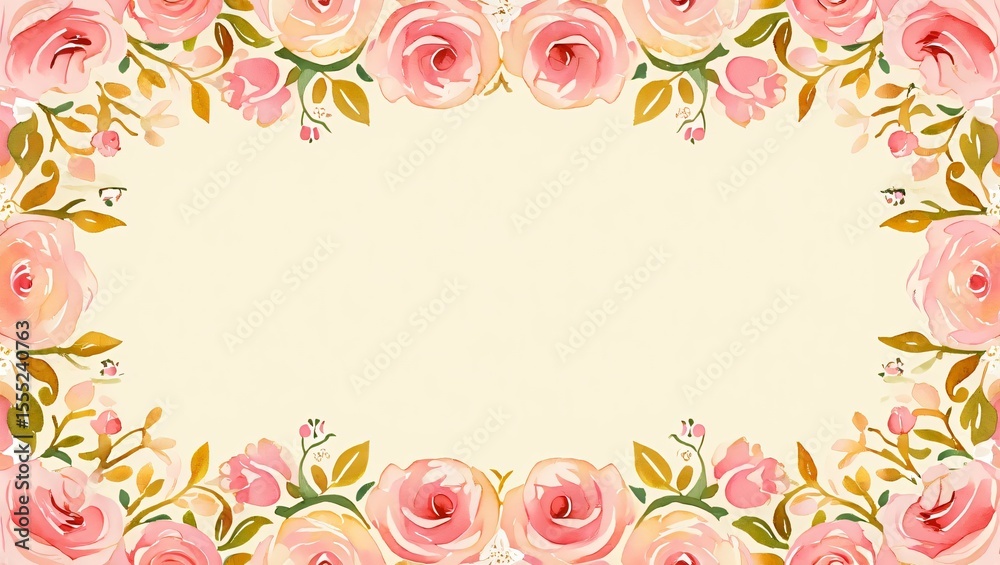 Obraz premium Soft watercolor floral border with pink roses and green leaves on a cream background
