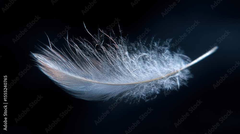 Obraz premium A single, delicate white feather floats gently against a stark black background, its soft downy texture highlighted in a closeup shot