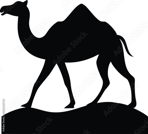 A lone camel silhouette gracefully walking across vast desert sand dunes under a clear sky isolated on white background isolated on transparent background
