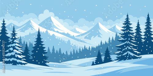 Christmas Snow Scene with Mountains and Pine Trees. Vector Illustration