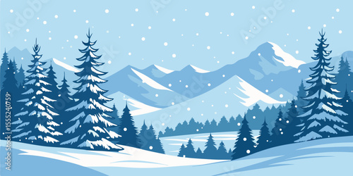 Christmas Snow Scene with Mountains and Pine Trees. Vector Illustration