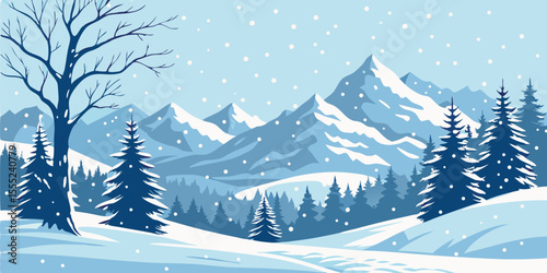 Christmas Snow Scene with Mountains and Pine Trees. Vector Illustration